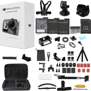 DJI Osmo Action 4 Standard Combo with 50 Piece Accessory Kit + 2 Extra Batteries + 64GB Card, 4K/120fps Waterproof Action Camera with a 1/1.3-Inch Sensor, Long-Lasting 160 Mins, Outdoor Camera