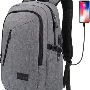Mancro Laptop Backpack for Travel, Anti-theft Laptop Backpack for Men Business Backpack Work Daypack with USB Charging Port & Lock, Water Resistant Travel Computer Bag Daypack, Grey